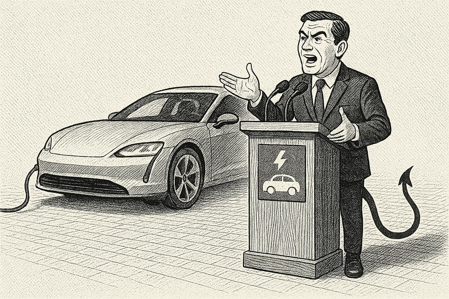 Político vendiendo las futuras mejoras del coche eléctrico